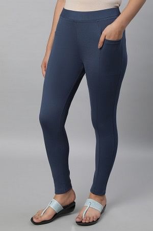 Blue Solid Yoga Tights