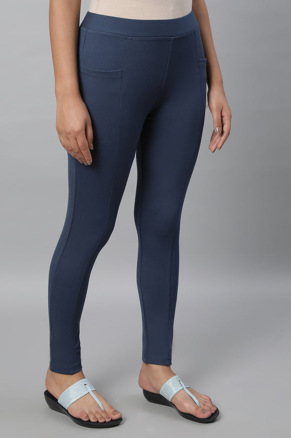 Elleven Women's Blue Solid Skinny-fit Knit Tights with Elasticated Waistband