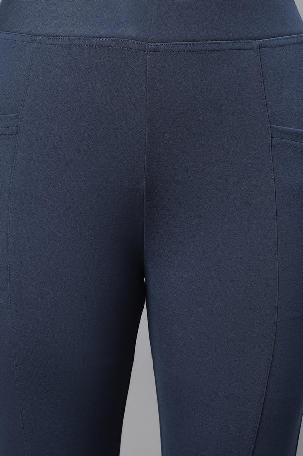 Elleven Women's Blue Solid Skinny-fit Knit Tights with Elasticated Waistband
