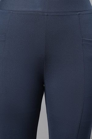 Blue Solid Yoga Tights