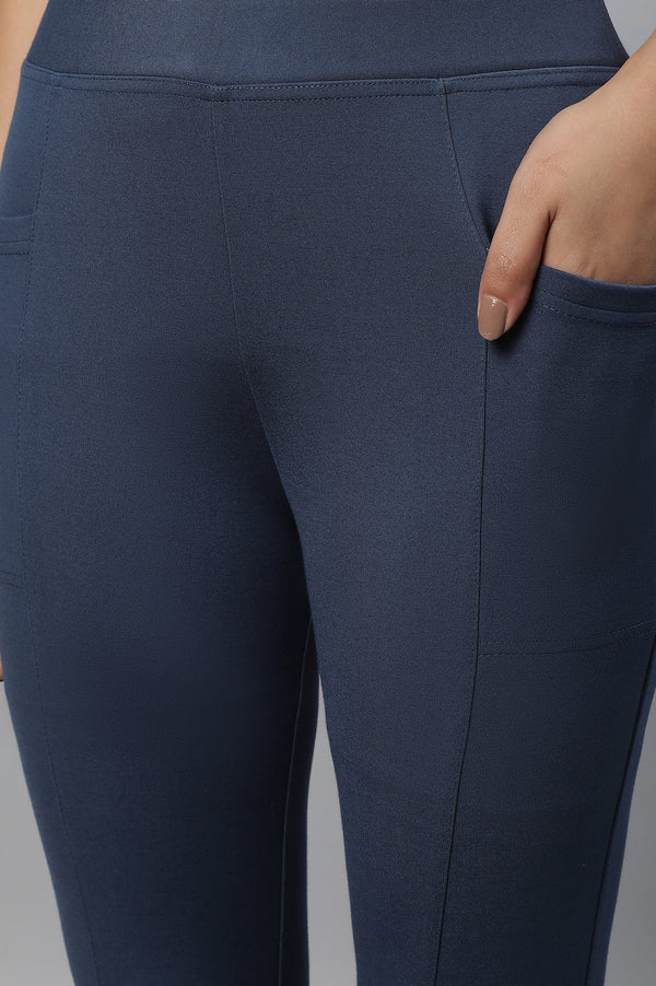 Elleven Women's Blue Solid Skinny-fit Knit Tights with Elasticated Waistband