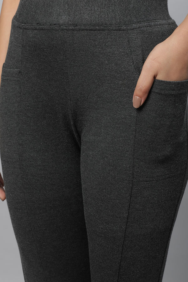 Elleven Women's Grey Solid Skinny Fit Tights With Elasticated Waistband