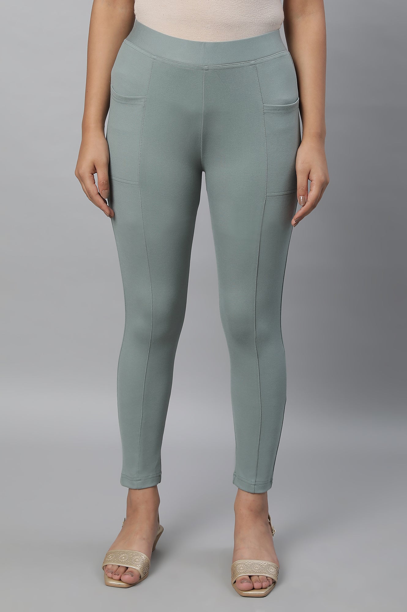 Green Solid Yoga Tights