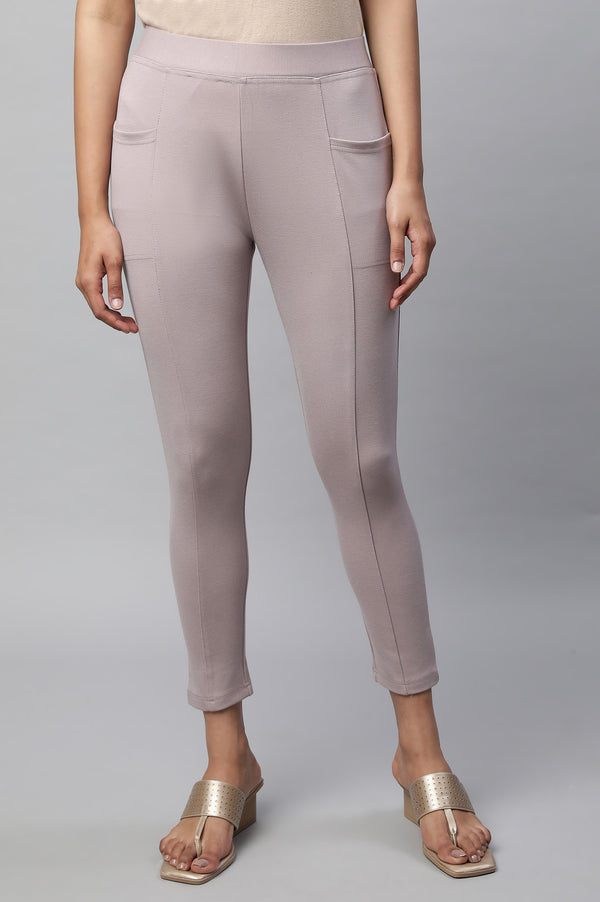Elleven Women's Light Purple Solid Skinny Fit Knit Yoga Tights with Side Pockets