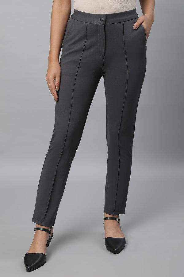 Grey Solid Straight Fit Trousers With Pintuck Detail