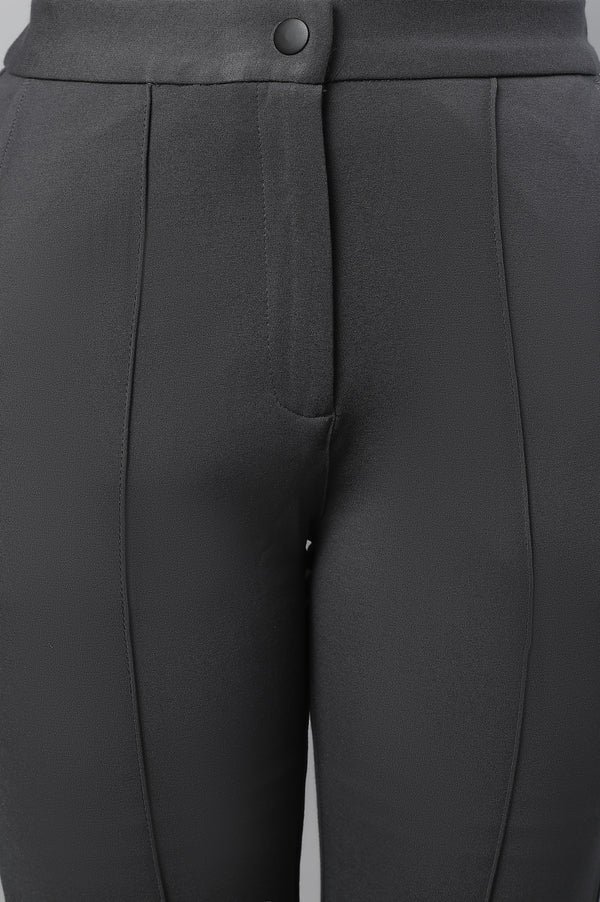 Grey Solid Straight Fit Trousers With Pintuck Detail