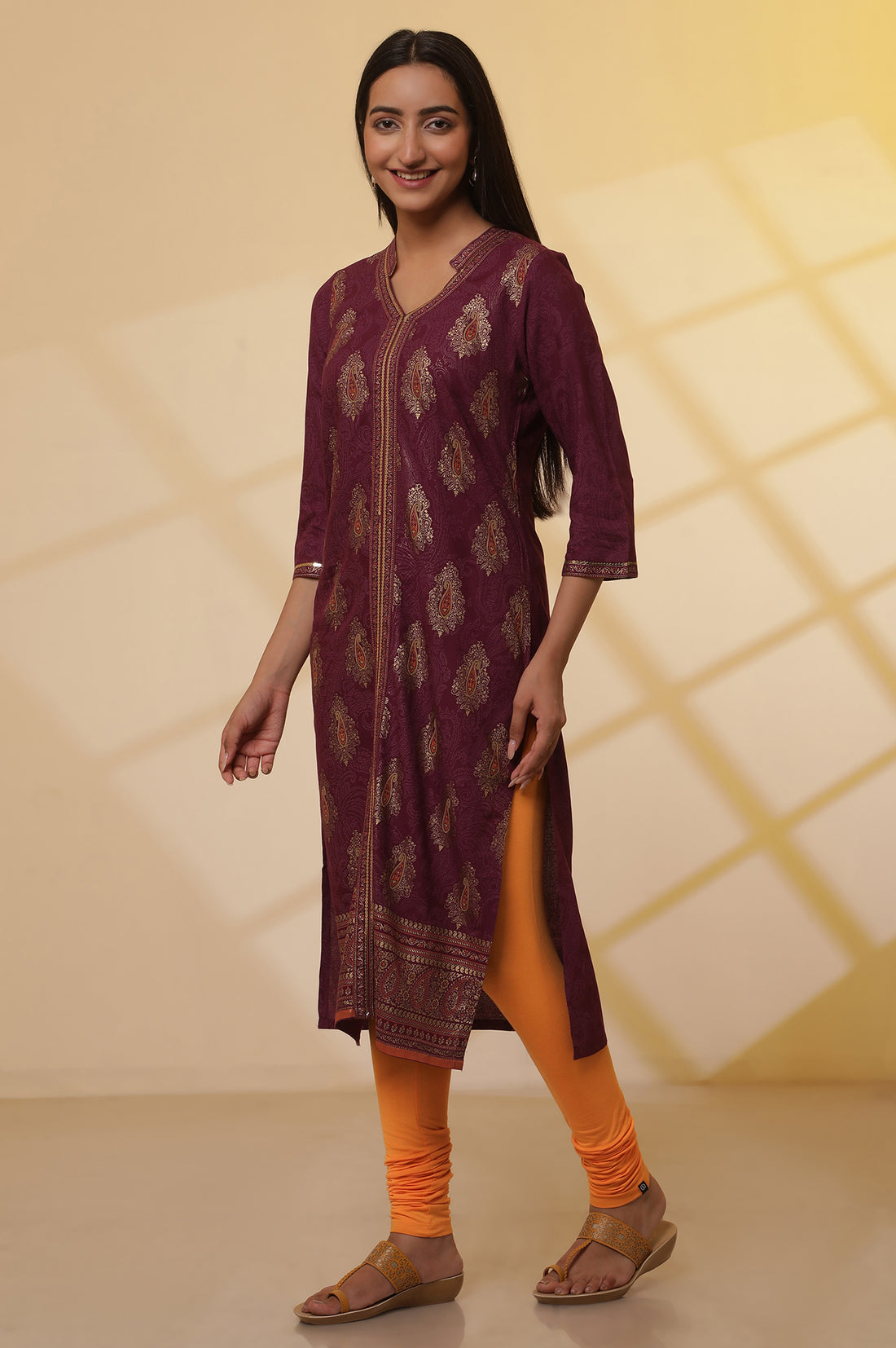 Orange Solid Skinny Fit Cotton Churidar With Elasticated Waist