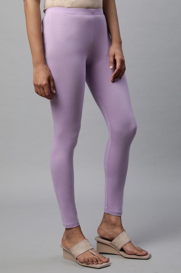 Elleven Women's Lavender Solid Skinny-fit Cotton Tights with Extra Stretch