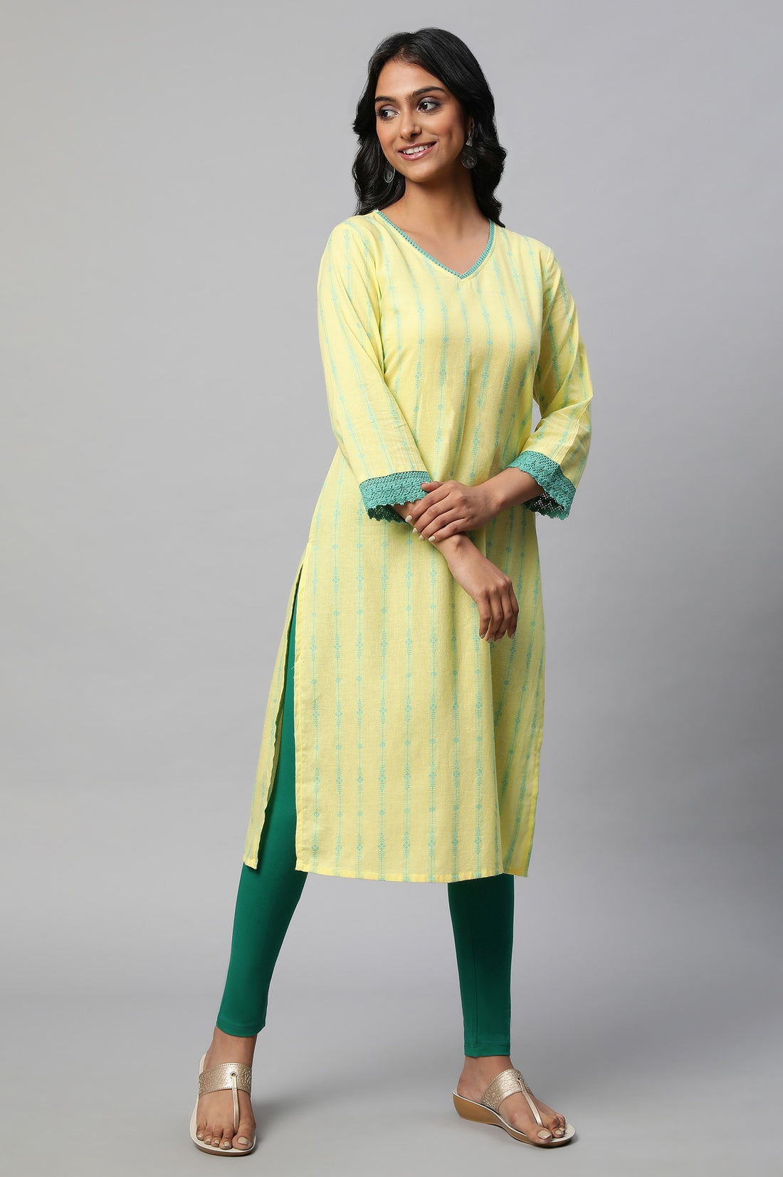 Green Solid Skinny Fit Cotton Tights With Elasticated Waist