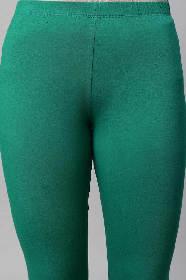 Green Solid Skinny Fit Cotton Tights With Elasticated Waist