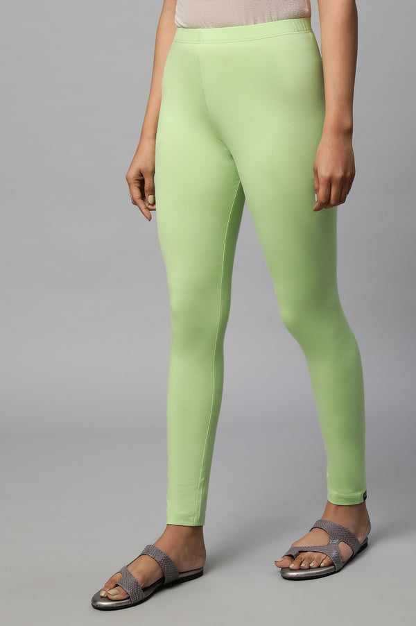 Light Green Solid Skinny Fit Cotton Tights With Elasticated Waist