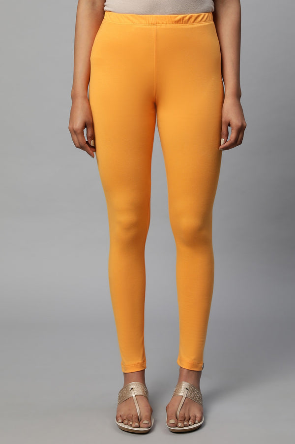 Orange Solid Skinny Fit Cotton Tights With Elasticated Waist