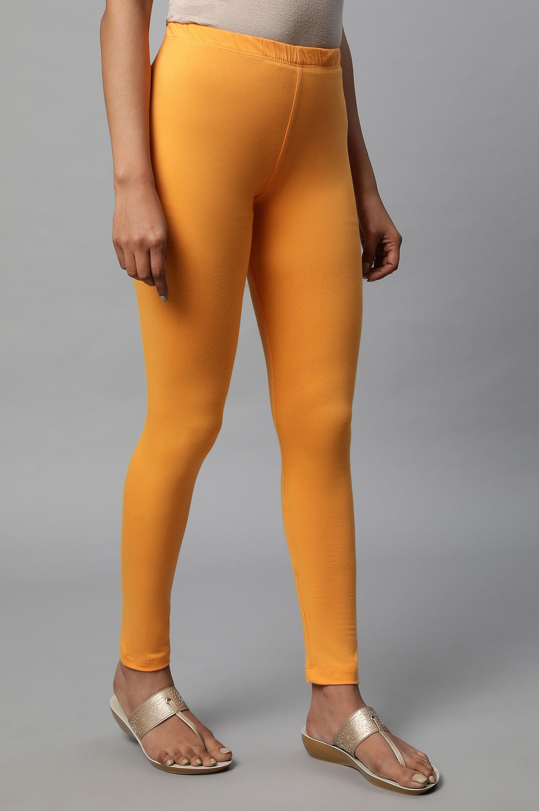 Orange Solid Skinny Fit Cotton Tights With Elasticated Waist