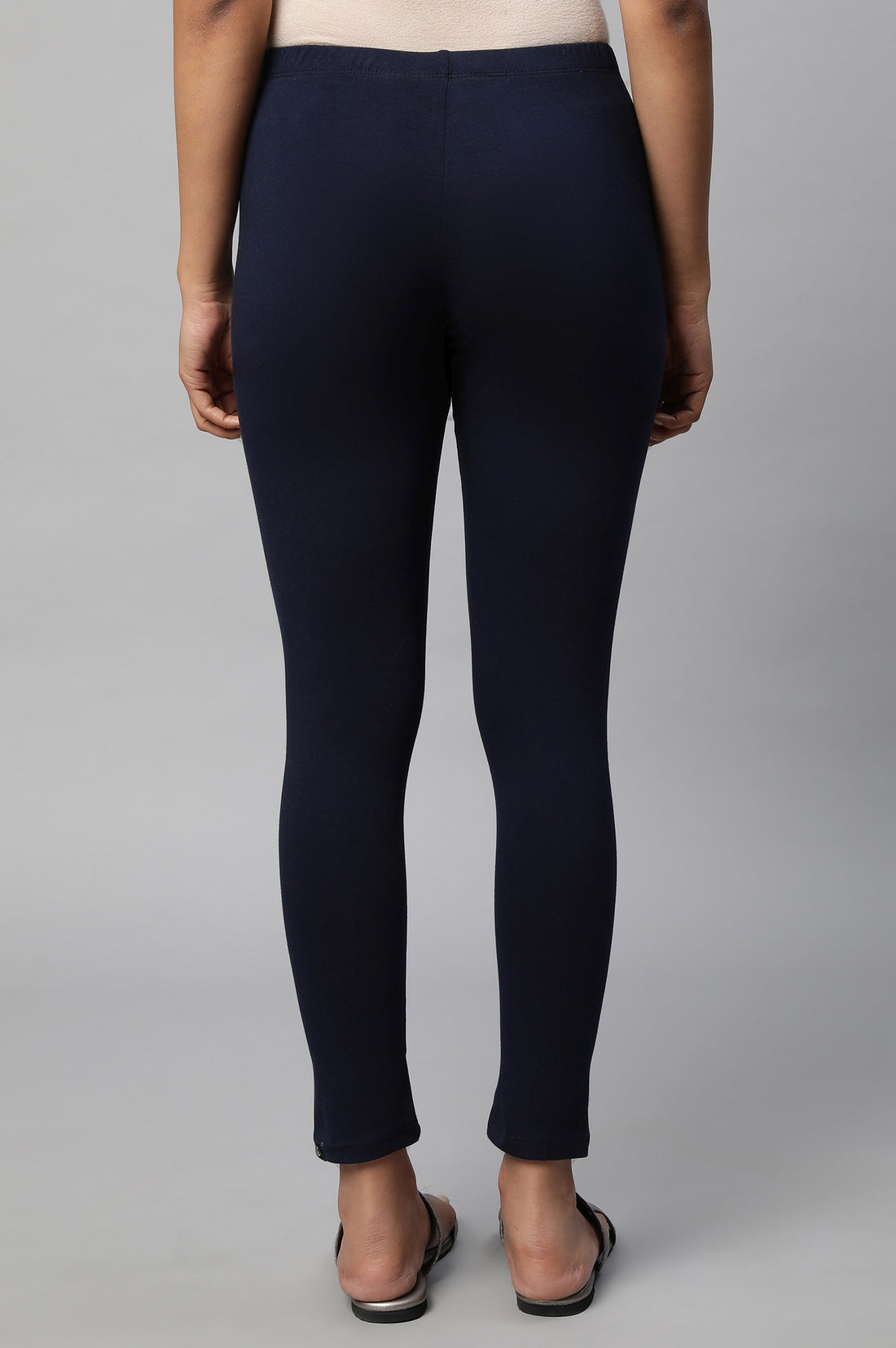 Navy Blue Solid Skinny Fit Cotton Tights With Slip On Closure