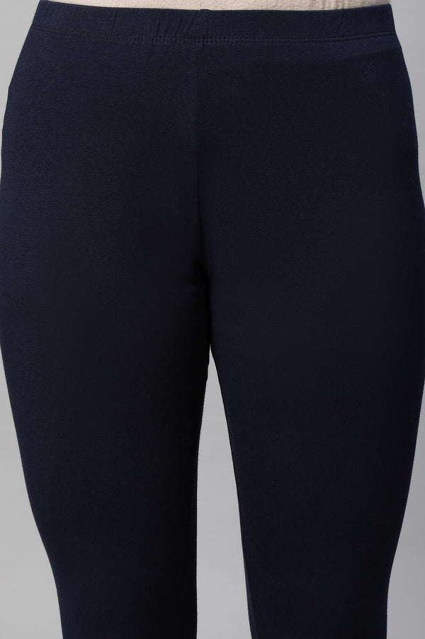 Navy Blue Solid Skinny Fit Cotton Tights With Slip On Closure
