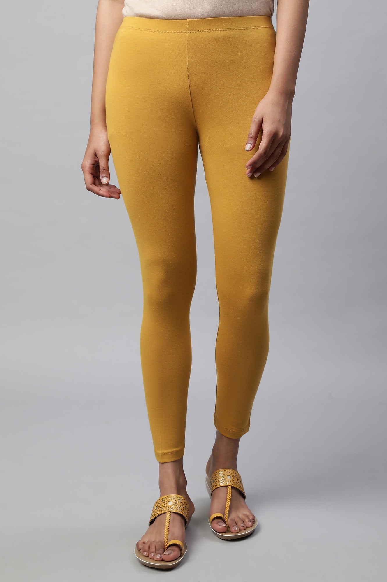 Yellow Cotton Lycra Cropped Tights