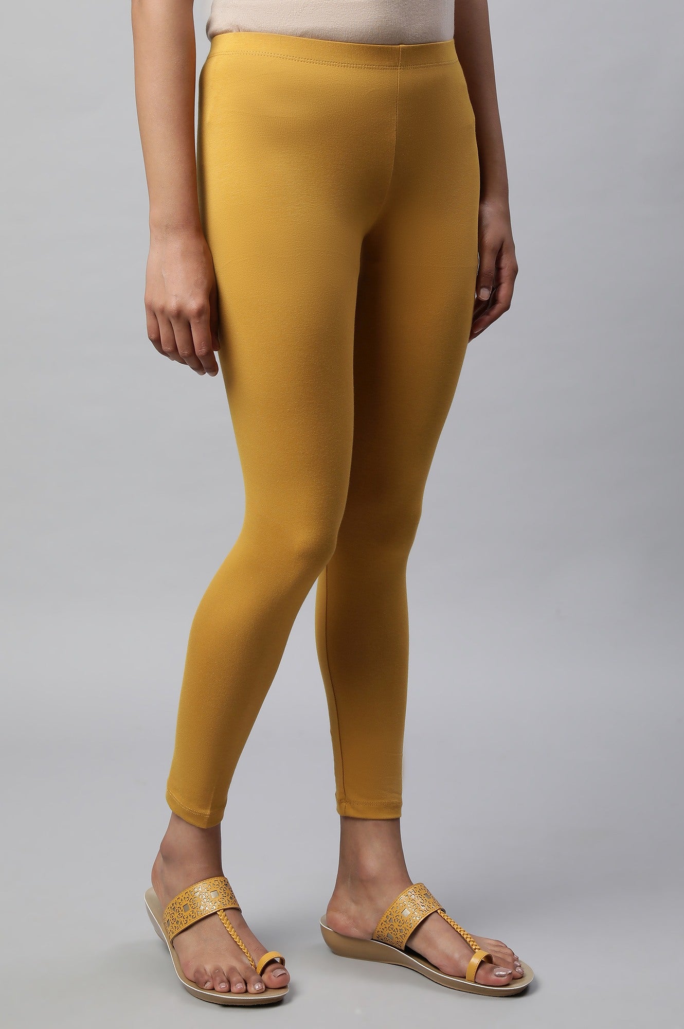 Yellow Cotton Lycra Cropped Tights