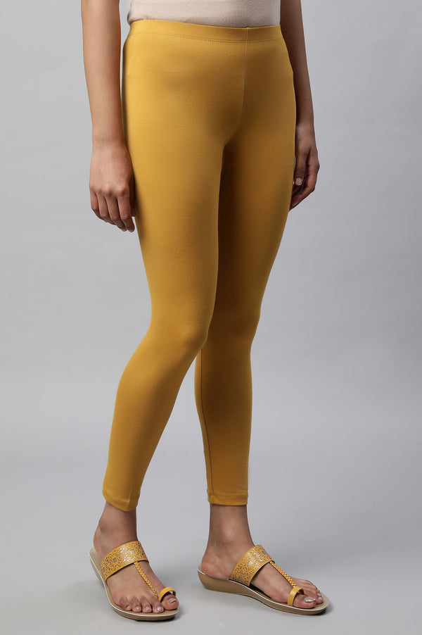 Yellow Solid Skinny Fit Cotton Tights With Slip On Closure