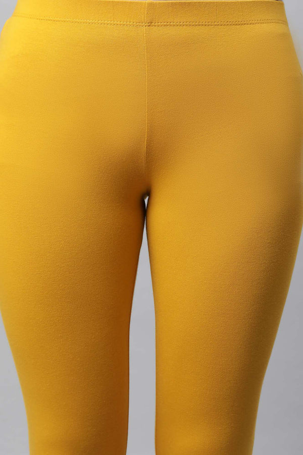Yellow Solid Skinny Fit Cotton Tights With Slip On Closure