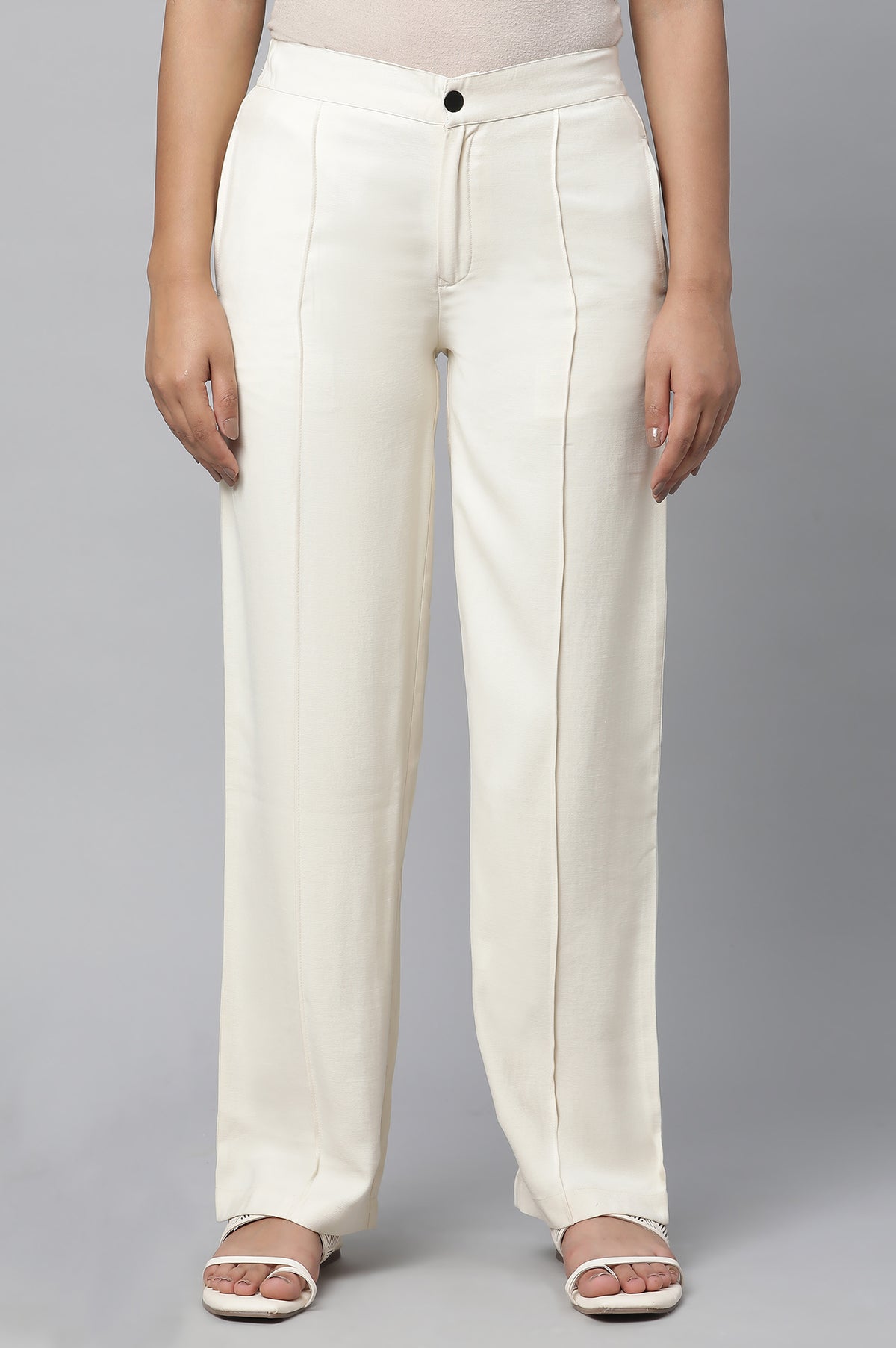 Elleven Women's Off White Solid Straight-fit Rayon Pants with Pintuck Detail - S