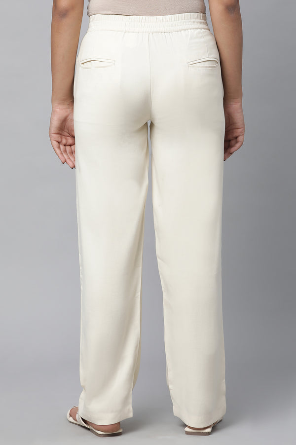 Elleven Women's Off White Solid Straight-fit Rayon Pants with Pintuck Detail