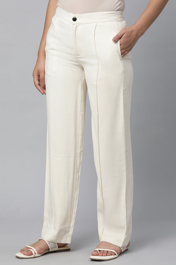 Elleven Women's Off White Solid Straight-fit Rayon Pants with Pintuck Detail