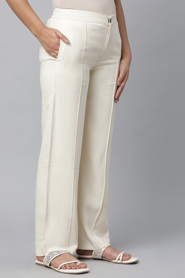 Elleven Women's Off White Solid Straight-fit Rayon Pants with Pintuck Detail
