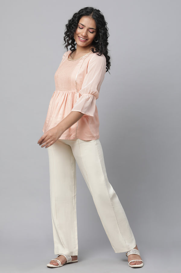 Elleven Women's Off White Solid Straight-fit Rayon Pants with Pintuck Detail