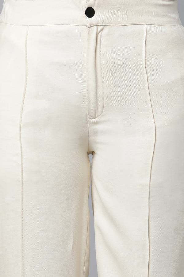 Elleven Women's Off White Solid Straight-fit Rayon Pants with Pintuck Detail
