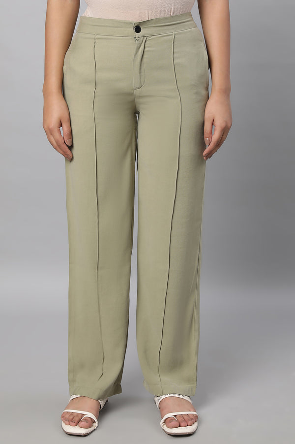 Elleven Women's Muted Sage Green Solid Straight Fit Woven Pants With Pintuck Detail