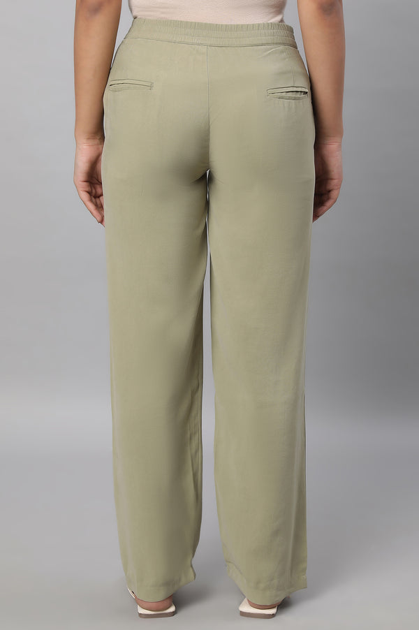 Elleven Women's Muted Sage Green Solid Straight Fit Woven Pants With Pintuck Detail