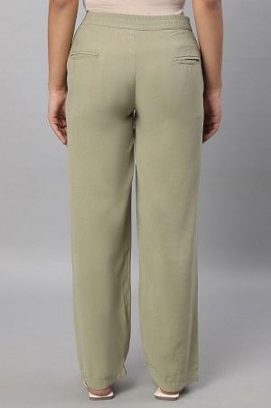 Muted Sage Green Solid Straight Fit Woven Pants With Pintuck Detail