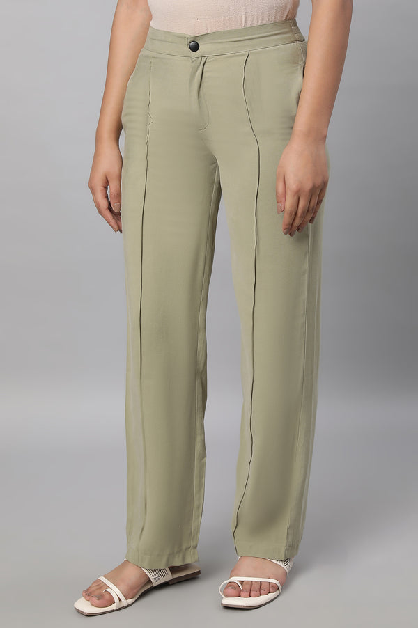 Elleven Women's Muted Sage Green Solid Straight Fit Woven Pants With Pintuck Detail