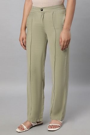 Muted Sage Green Solid Straight Fit Woven Pants With Pintuck Detail