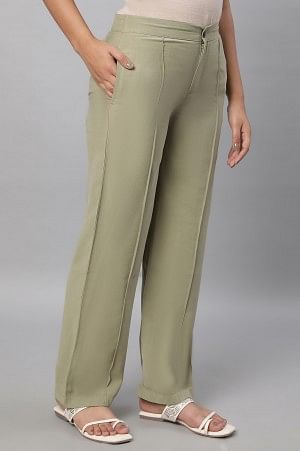 Muted Sage Green Solid Straight Fit Woven Pants With Pintuck Detail