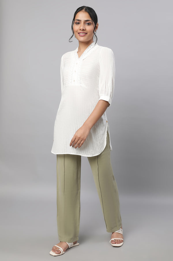 Elleven Women's Muted Sage Green Solid Straight Fit Woven Pants With Pintuck Detail