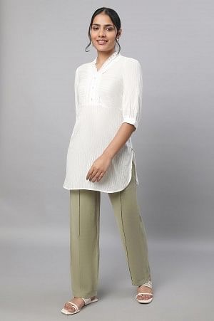 Muted Sage Green Solid Straight Fit Woven Pants With Pintuck Detail