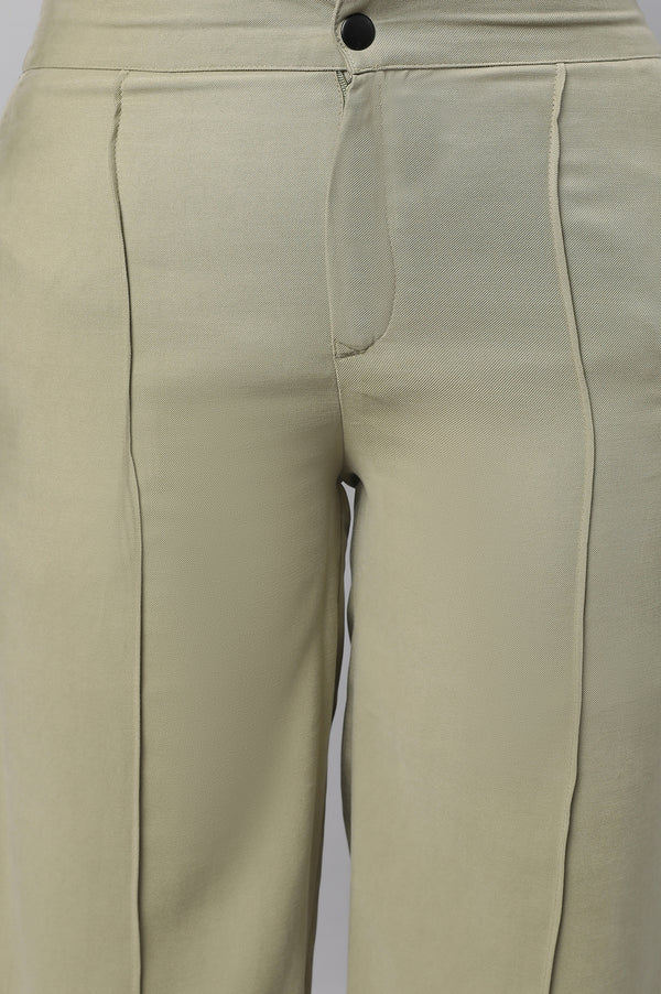 Elleven Women's Muted Sage Green Solid Straight Fit Woven Pants With Pintuck Detail