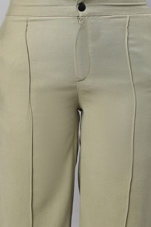 Muted Sage Green Solid Straight Fit Woven Pants With Pintuck Detail