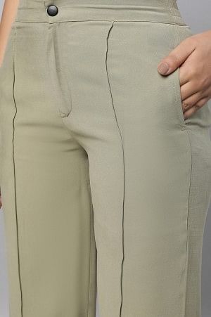 Muted Sage Green Solid Straight Fit Woven Pants With Pintuck Detail