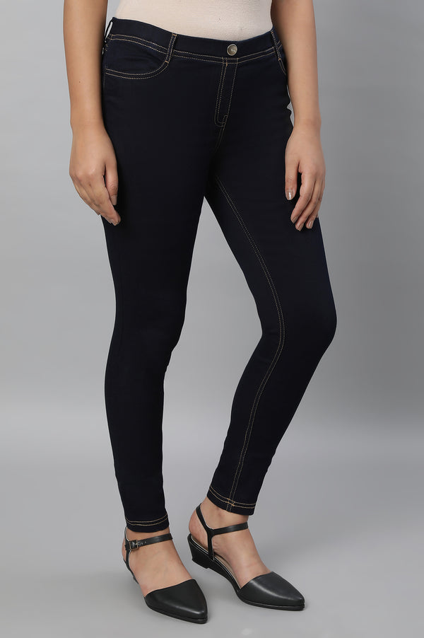 Navy Blue Solid Skinny Fit Denim Jeggings With Slip On Closure