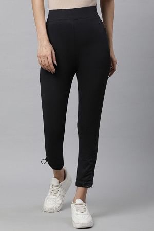 Black Solid Skinny Fit Yoga Tights With Drawstring