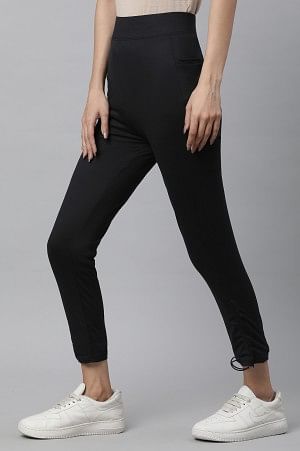 Black Solid Skinny Fit Yoga Tights With Drawstring
