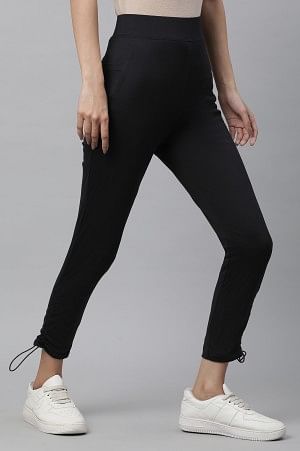 Black Solid Skinny Fit Yoga Tights With Drawstring