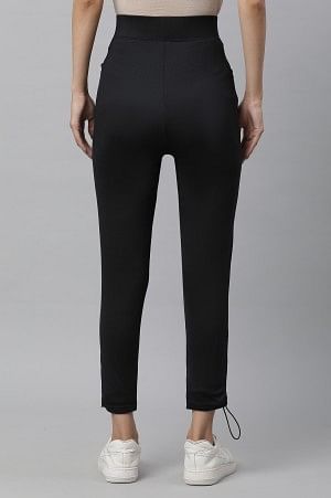 Black Solid Skinny Fit Yoga Tights With Drawstring