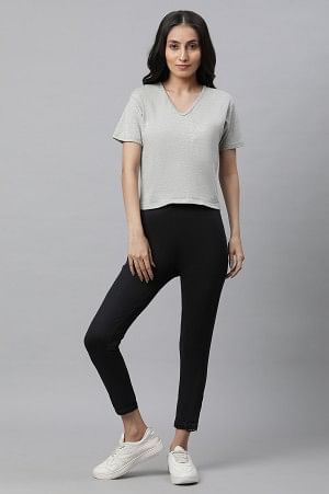 Black Solid Skinny Fit Yoga Tights With Drawstring