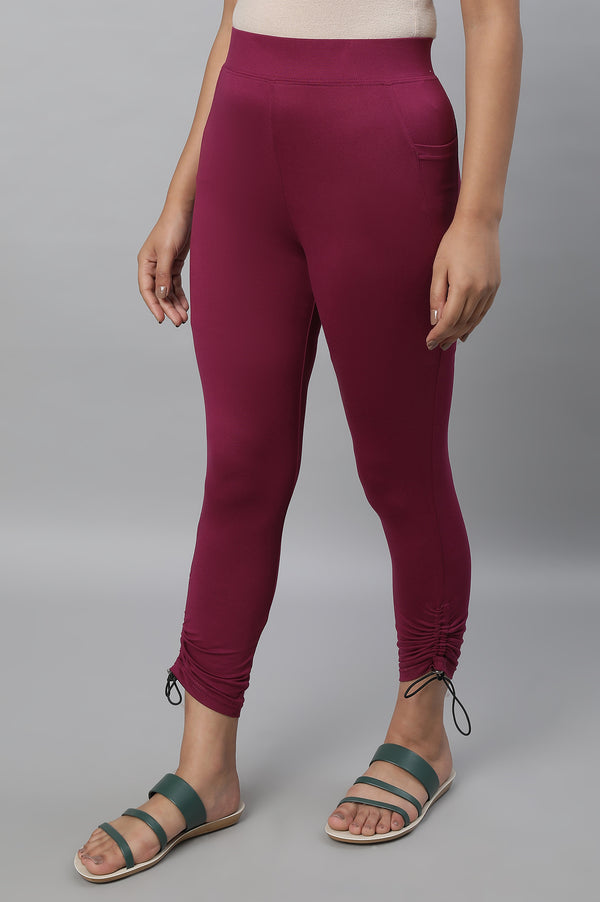 Purple Solid Skinny Fit Tights With Drawstring Detail