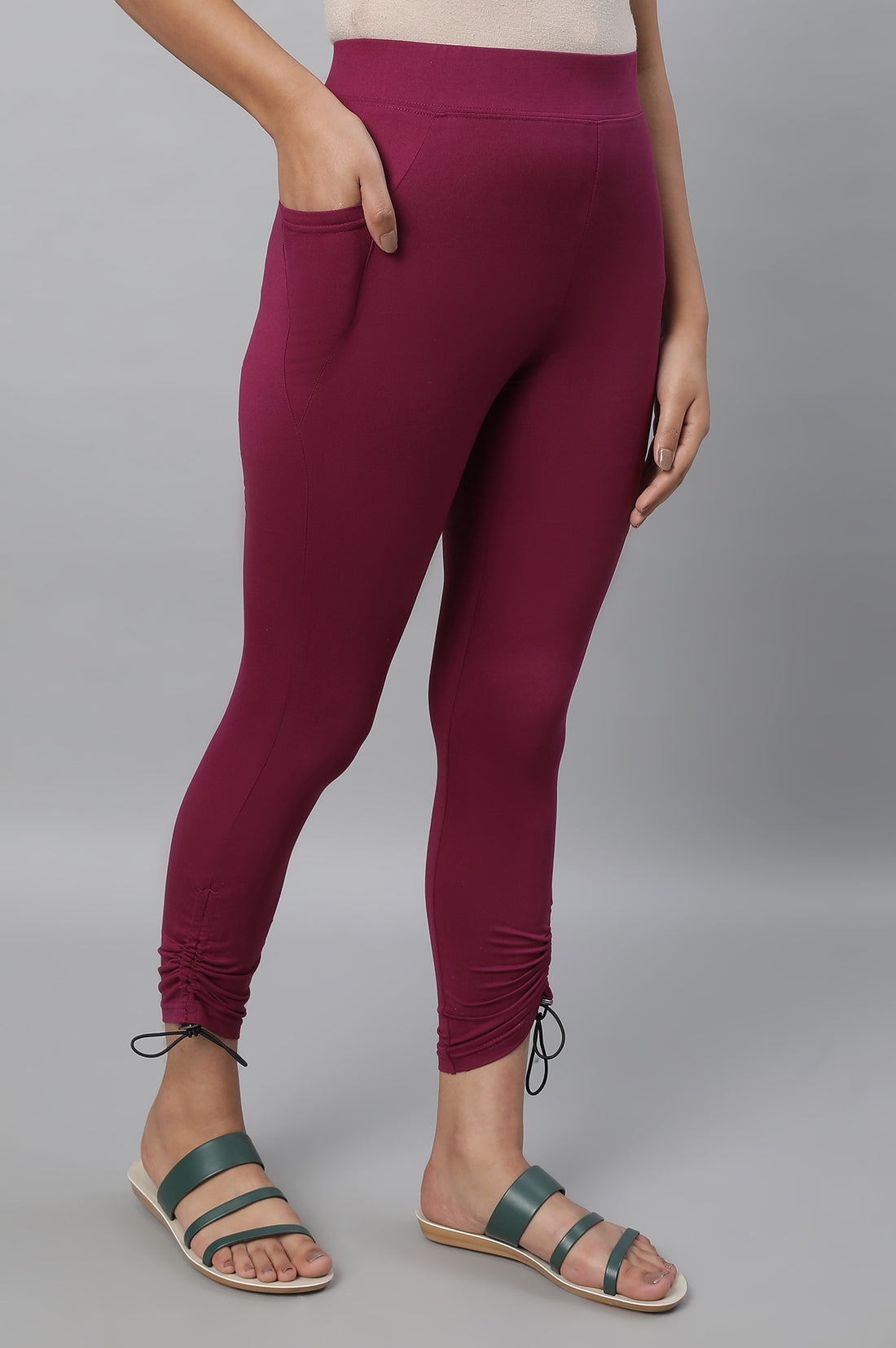 Purple Solid Skinny Fit Tights With Drawstring Detail