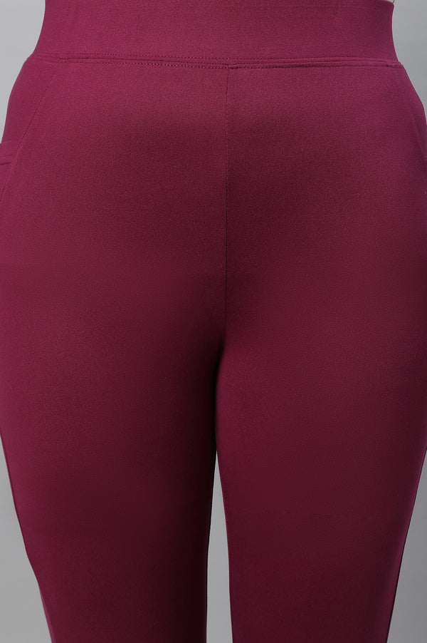 Purple Solid Skinny Fit Tights With Drawstring Detail