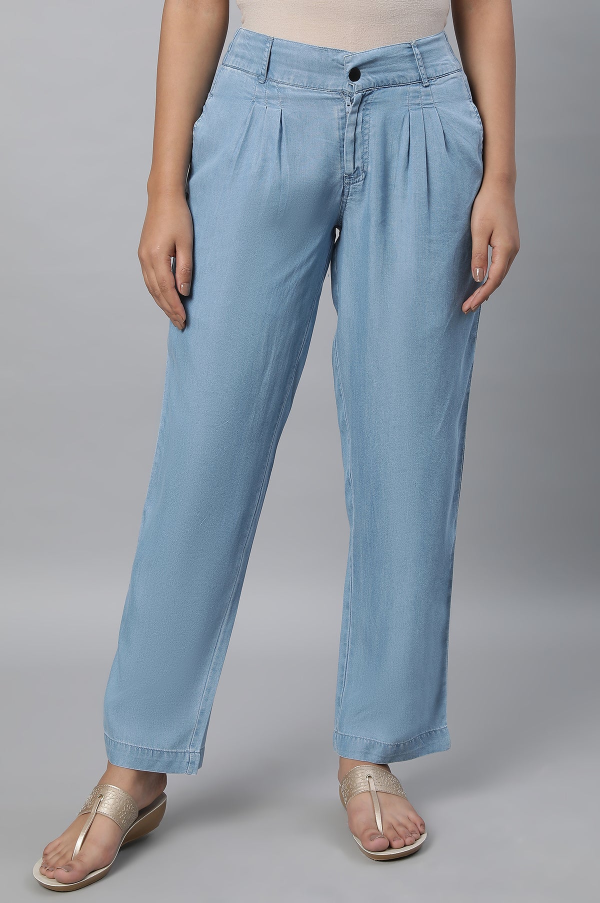 Elleven Women's Light Blue Solid Straight Fit Denim Palazzo With Pleated Detail - S